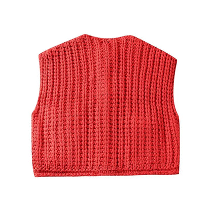 Fall Korean Fashion Sweater Vests Women V Neck Blue Button Up Front Pockets Sleeveless Cable Knit Sweater Vest Red