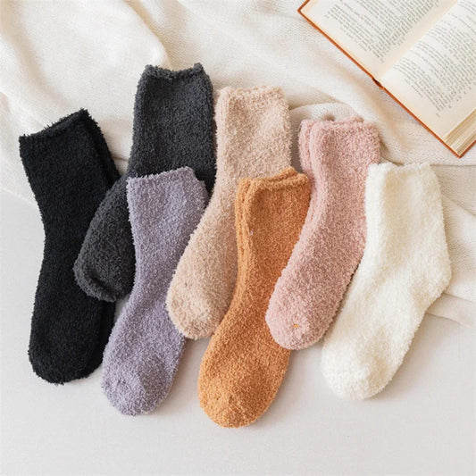 Women Socks Autumn Winter Warm Soft Fluffy Bed Socks Solid Color Ladies Home Floor Slipper Plush Thicken Coral Fleece Warmer