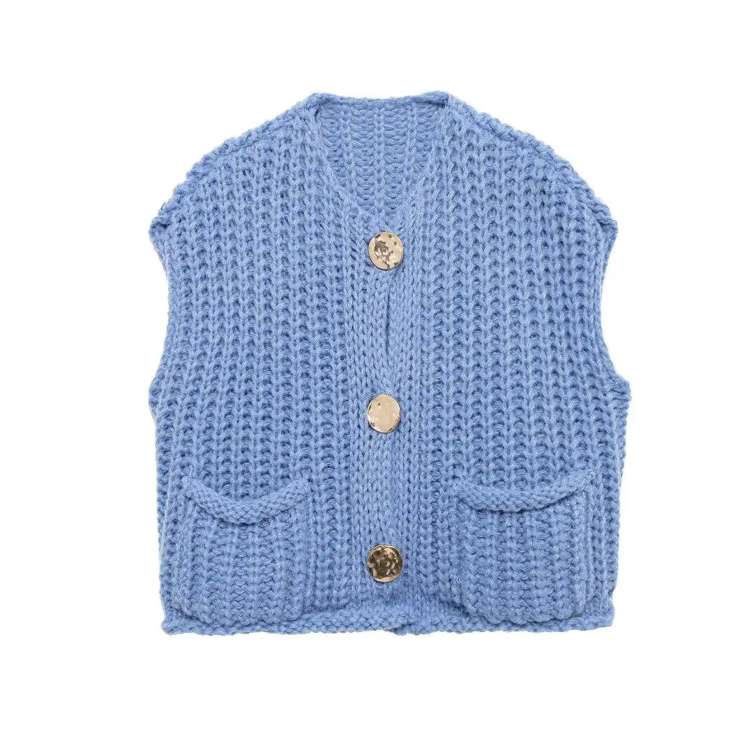 Fall Korean Fashion Sweater Vests Women V Neck Blue Button Up Front Pockets Sleeveless Cable Knit Sweater Vest Red