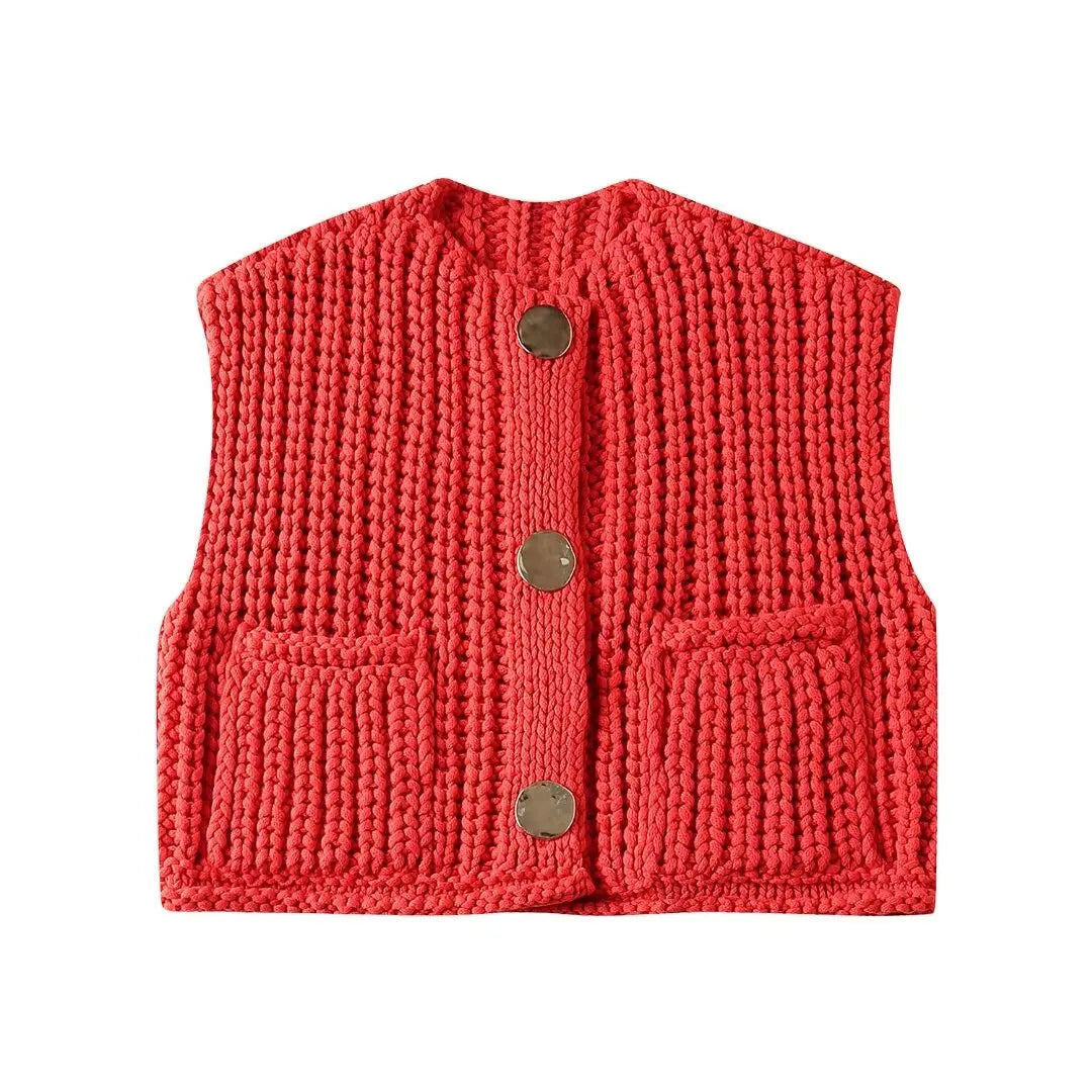 Fall Korean Fashion Sweater Vests Women V Neck Blue Button Up Front Pockets Sleeveless Cable Knit Sweater Vest Red